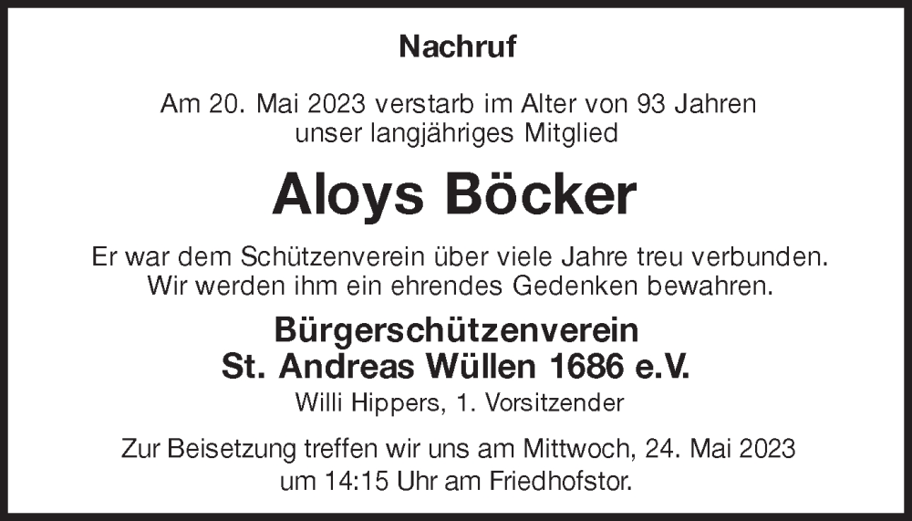  Traueranzeige für Aloys Böcker vom 24.05.2023 aus Münstersche Zeitung und Münsterland Zeitung