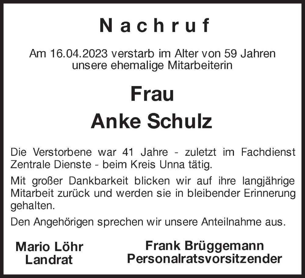  Traueranzeige für Anke Schulz vom 03.05.2023 aus Hellweger Anzeiger