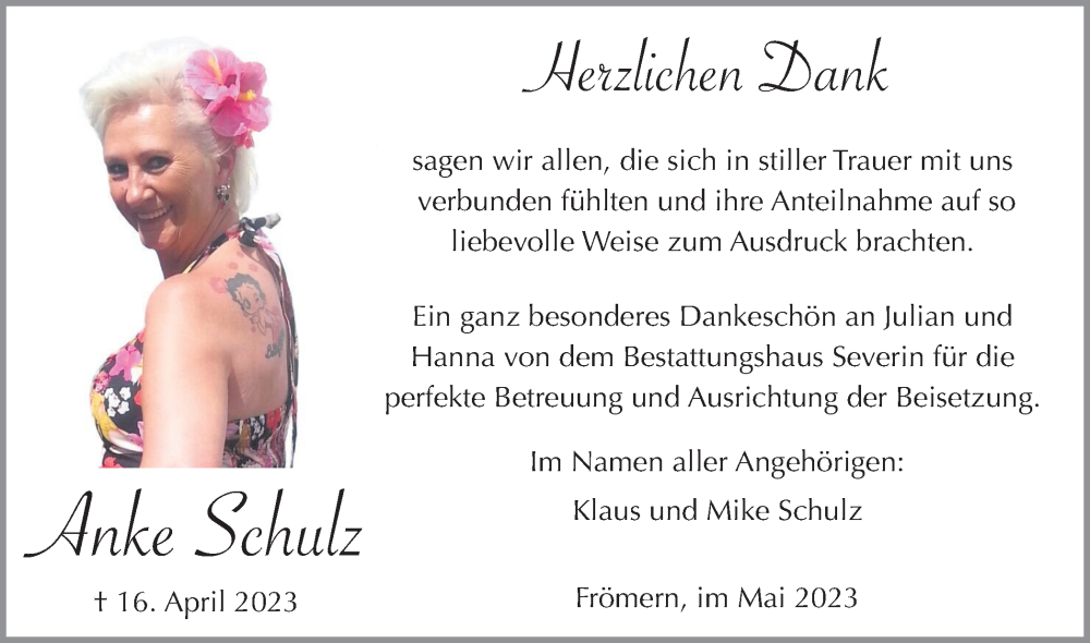  Traueranzeige für Anke Schulz vom 27.05.2023 aus Hellweger Anzeiger