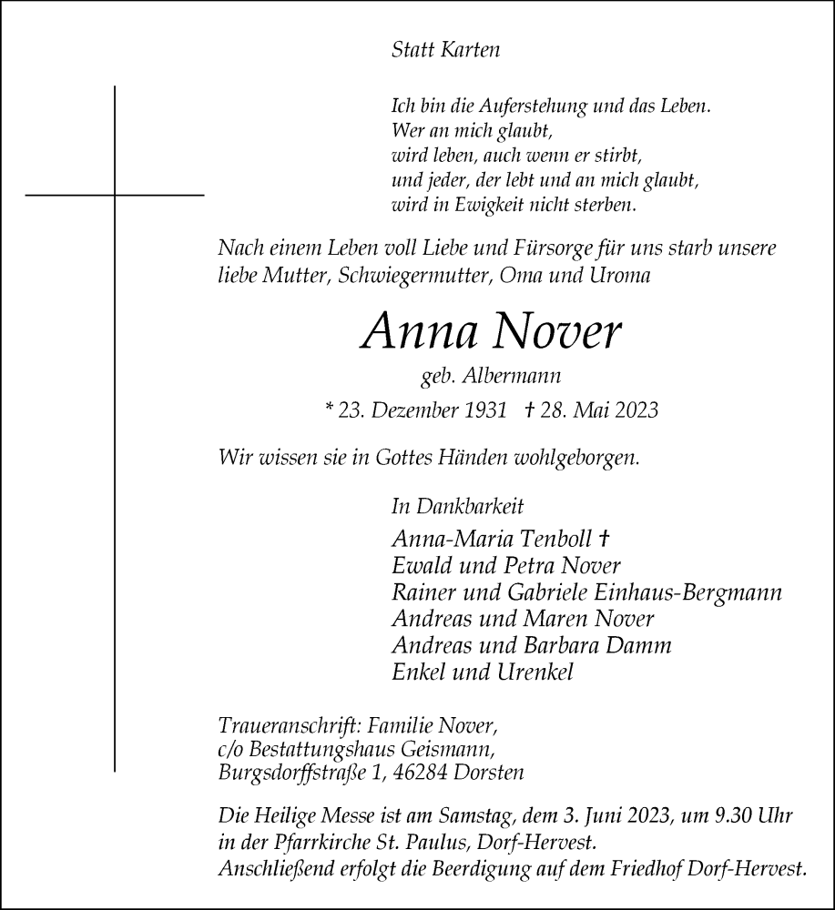  Traueranzeige für Anna Nover vom 31.05.2023 aus Ruhr Nachrichten und Dorstener Zeitung