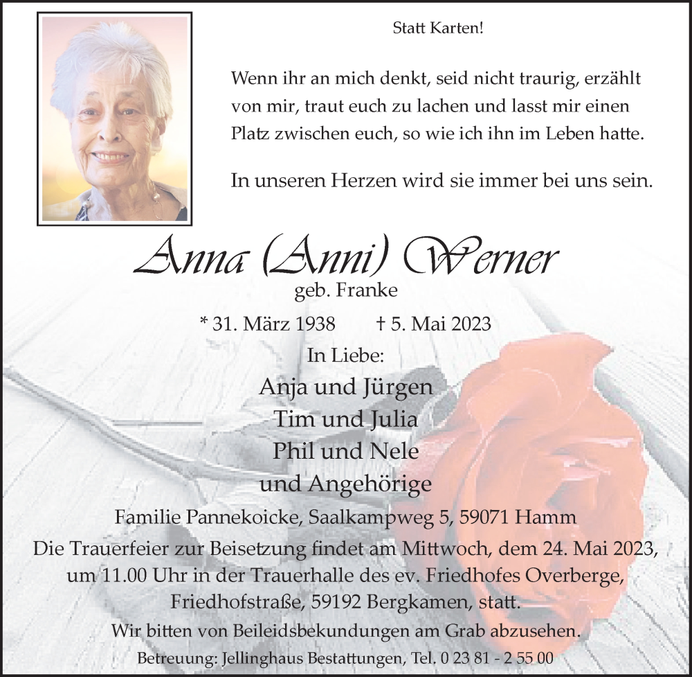  Traueranzeige für Anna Werner vom 20.05.2023 aus Hellweger Anzeiger