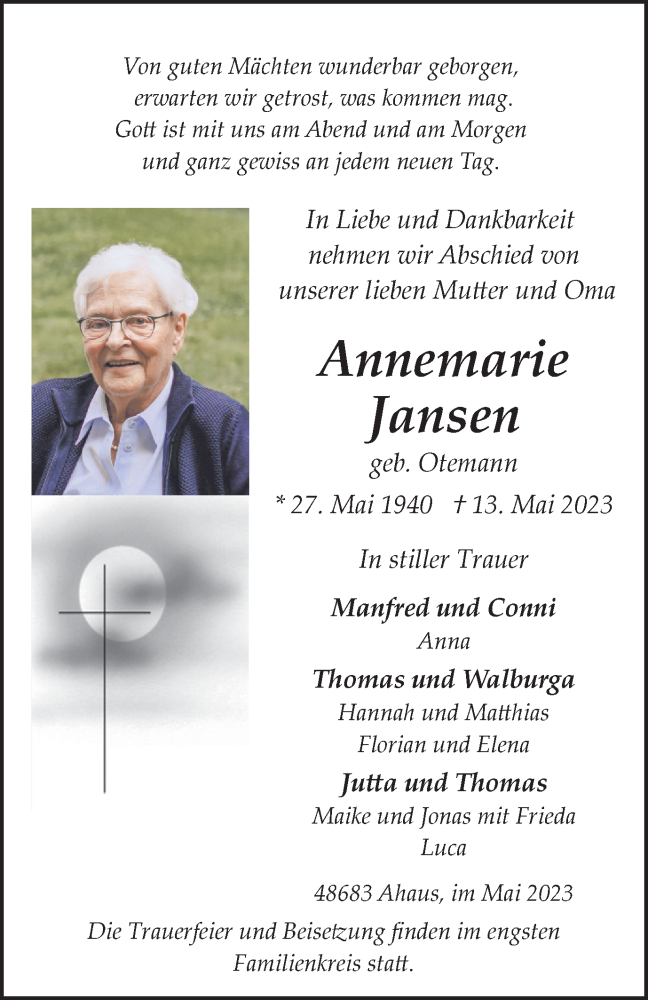  Traueranzeige für Annemarie Jansen vom 20.05.2023 aus Münstersche Zeitung und Münsterland Zeitung