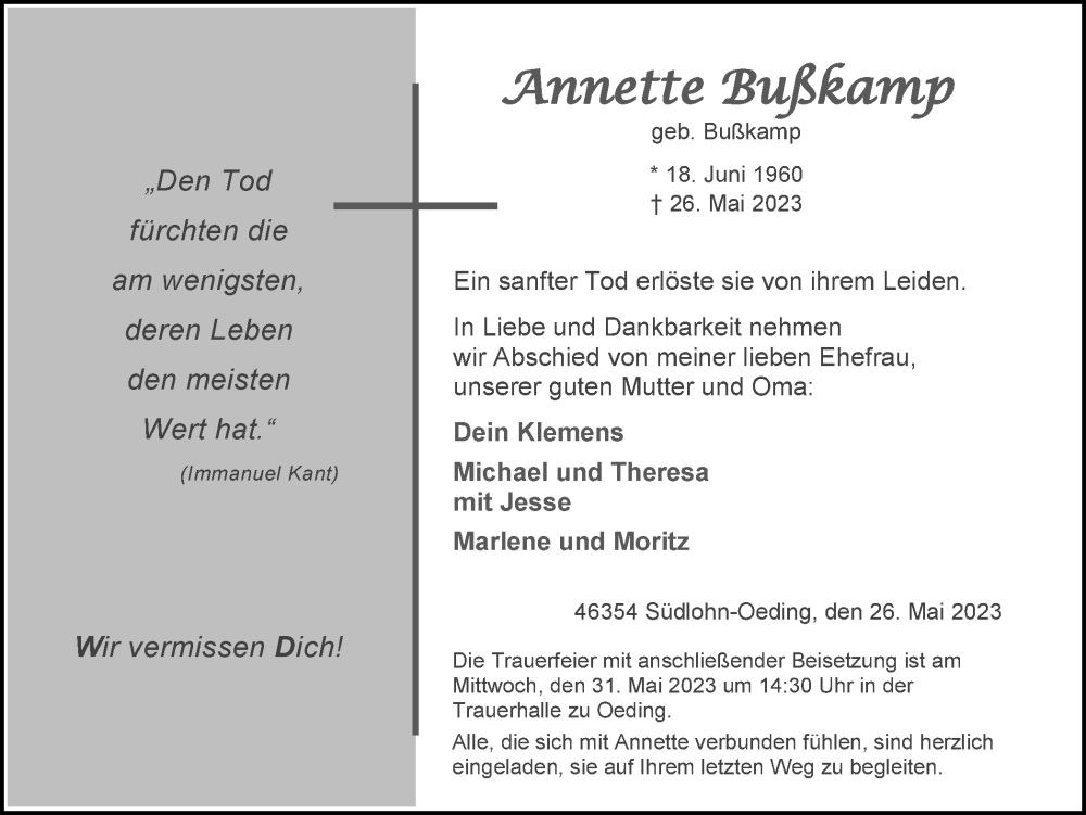 Traueranzeige für Annette Bußkamp vom 30.05.2023 aus Münstersche Zeitung und Münsterland Zeitung
