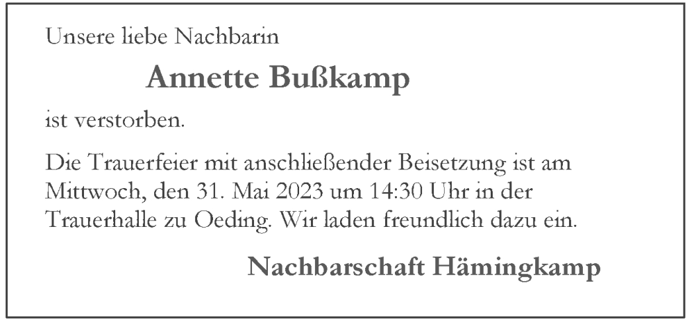  Traueranzeige für Annette Bußkamp vom 30.05.2023 aus Münstersche Zeitung und Münsterland Zeitung