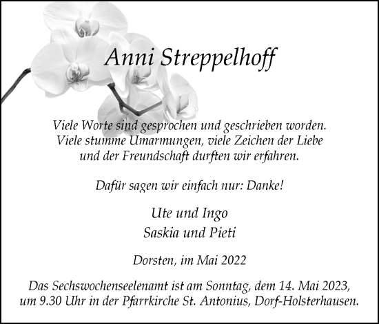 Traueranzeige von Anni Streppelhoff von Ruhr Nachrichten und Dorstener Zeitung