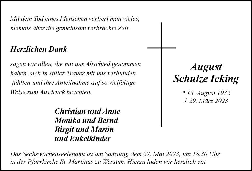  Traueranzeige für August Schulze Icking vom 24.05.2023 aus Münstersche Zeitung und Münsterland Zeitung