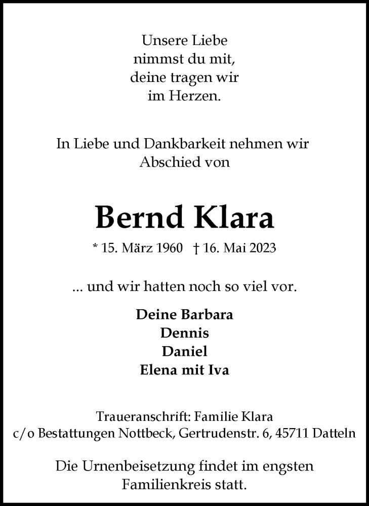 Traueranzeige für Bernd Klara vom 31.05.2023 aus Medienhaus Bauer