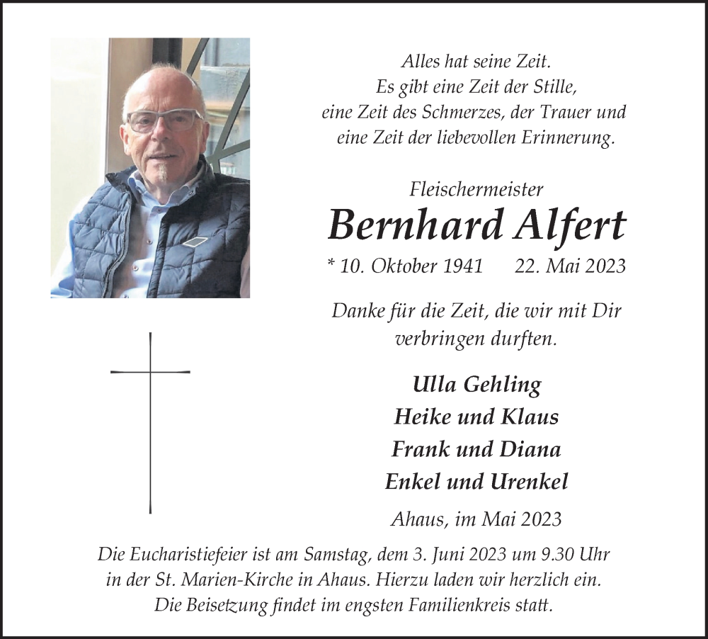  Traueranzeige für Bernhard Alfert vom 27.05.2023 aus Münstersche Zeitung und Münsterland Zeitung