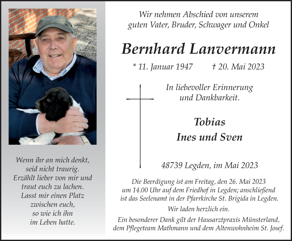  Traueranzeige für Bernhard Lanvermann vom 23.05.2023 aus Münstersche Zeitung und Münsterland Zeitung