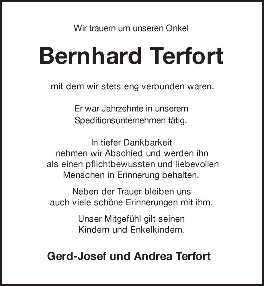  Traueranzeige für Bernhard Terfort vom 24.05.2023 aus Münstersche Zeitung und Münsterland Zeitung