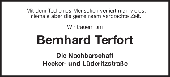 Traueranzeige von Bernhard Terfort von Münstersche Zeitung und Münsterland Zeitung