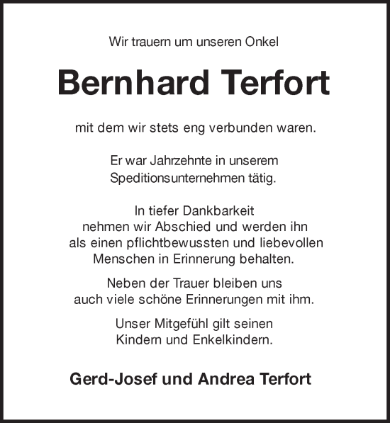 Traueranzeige von Bernhard Terfort von Münstersche Zeitung und Münsterland Zeitung