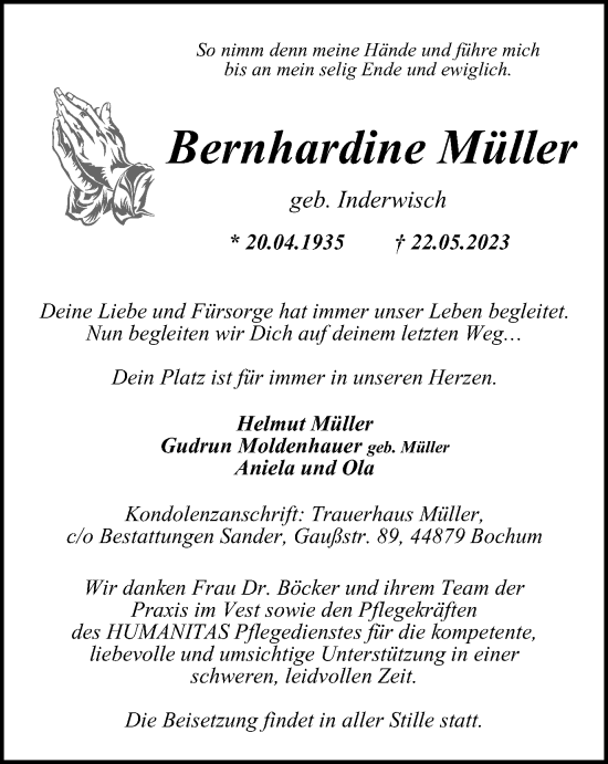 Traueranzeige von Bernhardine Müller von Medienhaus Bauer