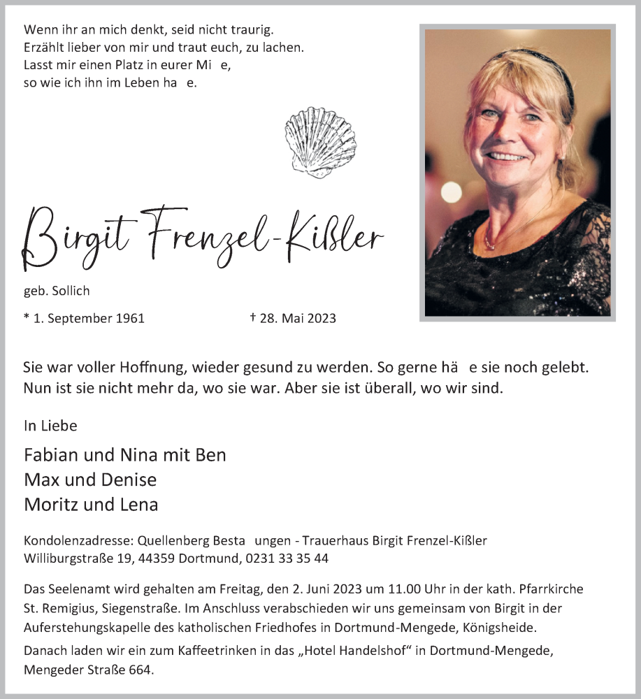  Traueranzeige für Birgit Frenzel-Kißler vom 31.05.2023 aus 