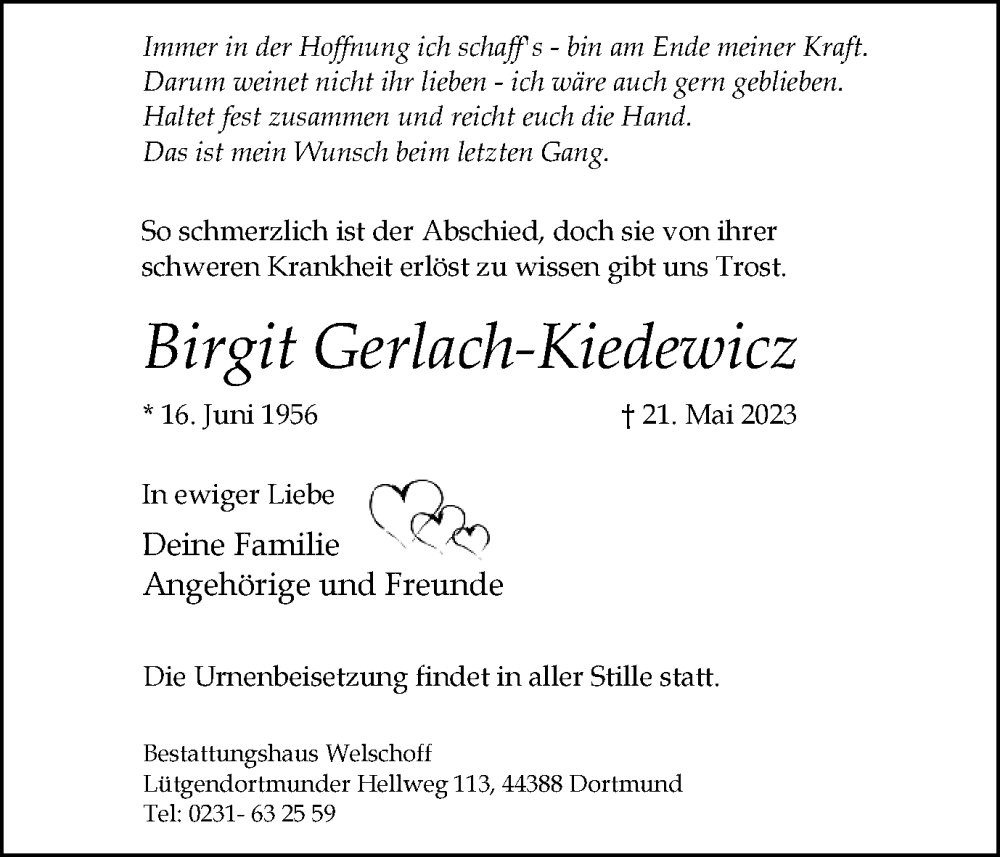  Traueranzeige für Birgit Gerlach-Kiedewicz vom 27.05.2023 aus 