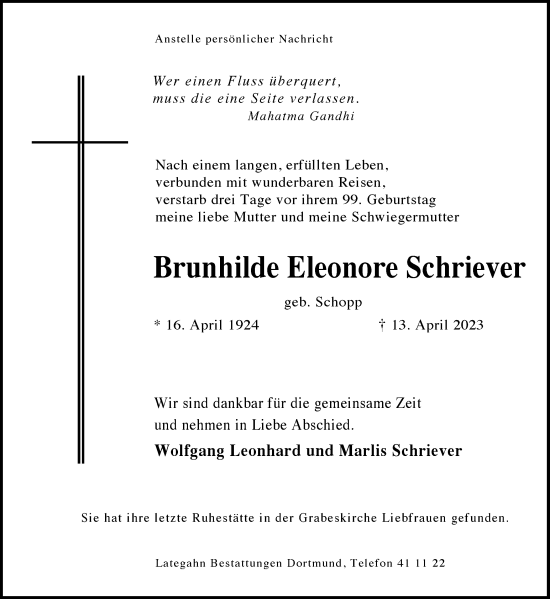Traueranzeige von Brunhilde Eleonore Schriever 