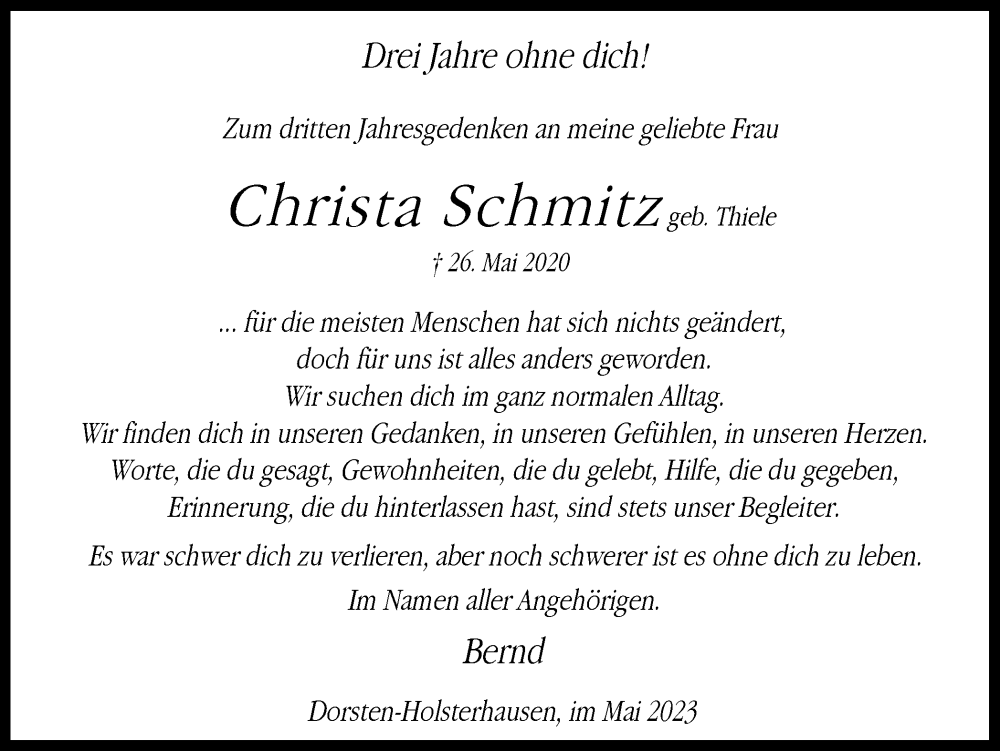  Traueranzeige für Christa Schmitz vom 26.05.2023 aus Ruhr Nachrichten und Dorstener Zeitung