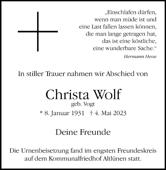 Traueranzeige von Christa Wolf von Ruhr Nachrichten