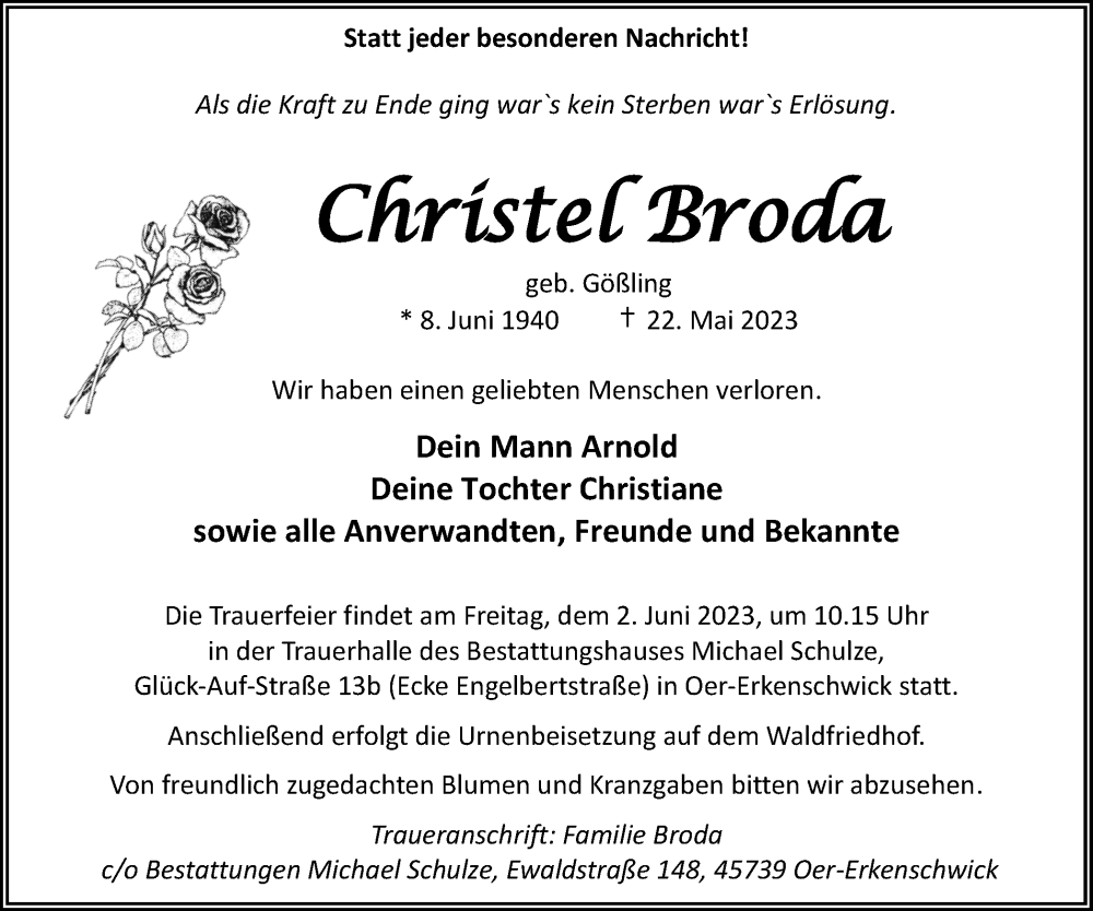  Traueranzeige für Christel Broda vom 27.05.2023 aus Medienhaus Bauer