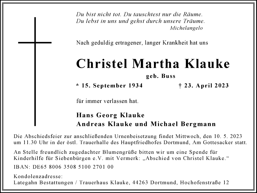  Traueranzeige für Christel Martha Klauke vom 06.05.2023 aus 