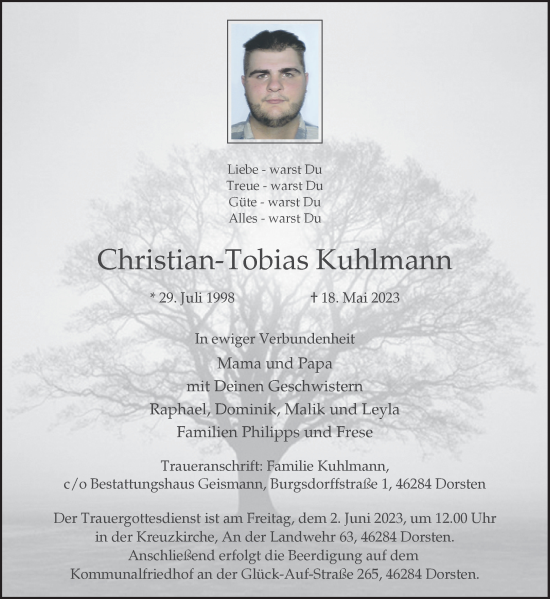 Traueranzeige von Christian-Tobias Kuhlmann von Ruhr Nachrichten und Dorstener Zeitung