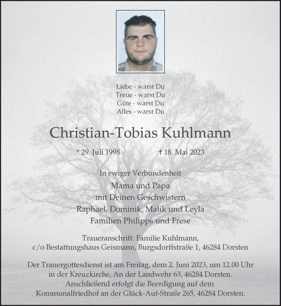  Traueranzeige für Christian-Tobias Kuhlmann vom 31.05.2023 aus Ruhr Nachrichten und Dorstener Zeitung