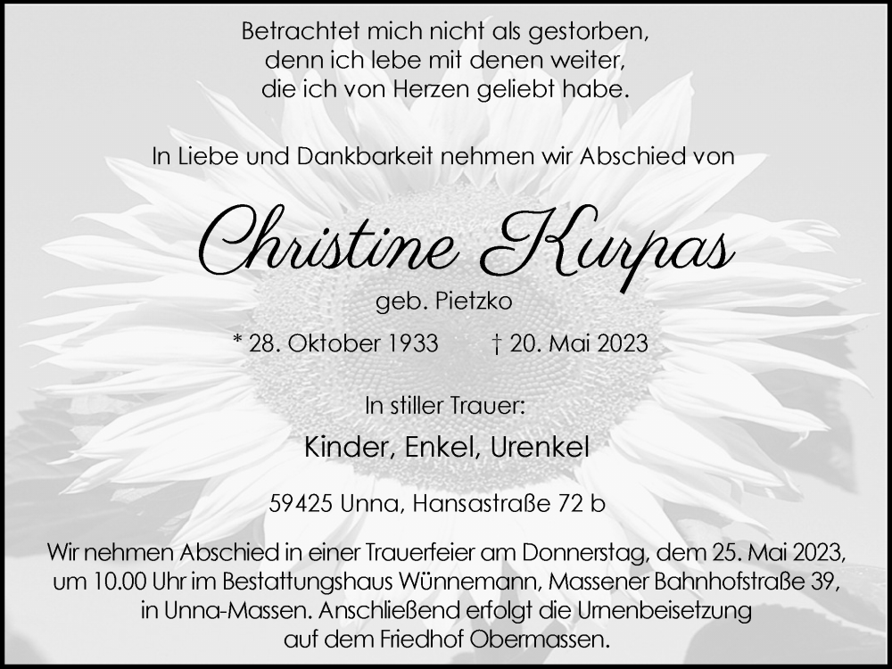  Traueranzeige für Christine Kurpas vom 24.05.2023 aus Hellweger Anzeiger