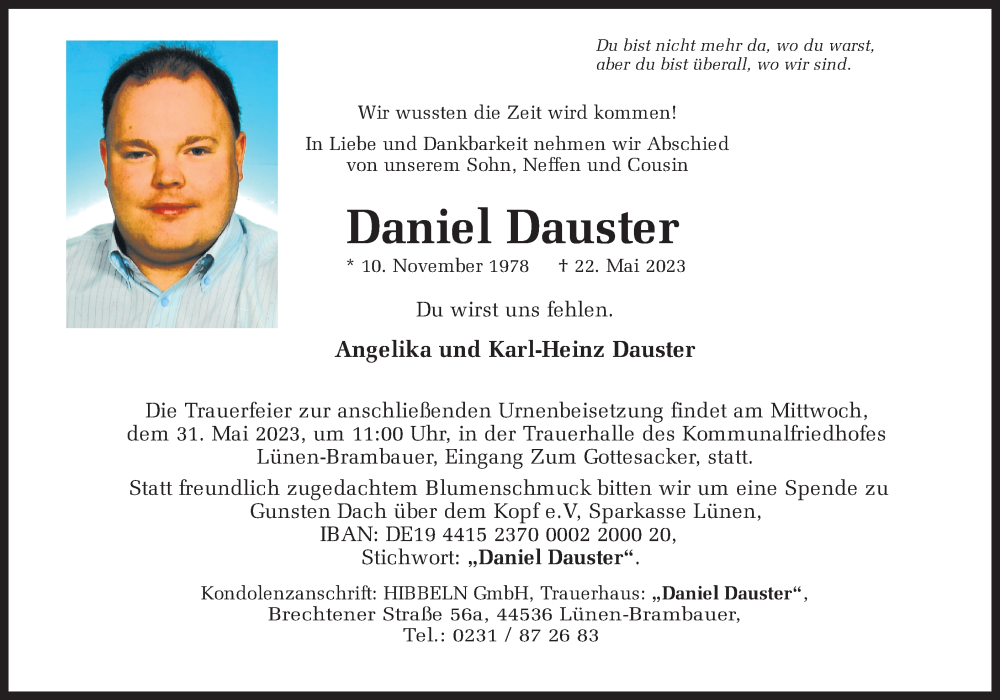  Traueranzeige für Daniel Dauster vom 24.05.2023 aus Ruhr Nachrichten