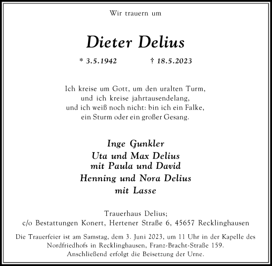 Traueranzeige von Dieter Delius von Medienhaus Bauer