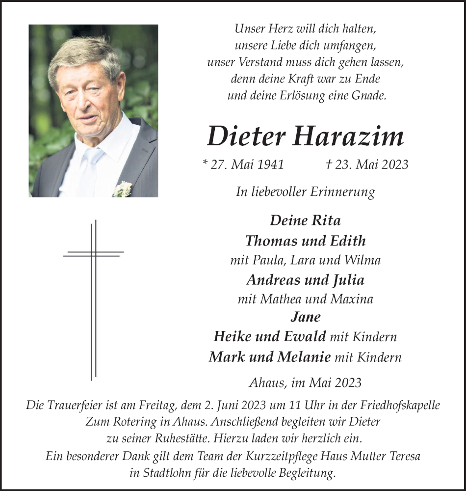  Traueranzeige für Dieter Harazim vom 27.05.2023 aus Münstersche Zeitung und Münsterland Zeitung