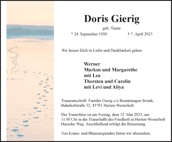 Traueranzeige von Doris Gierig von Medienhaus Bauer