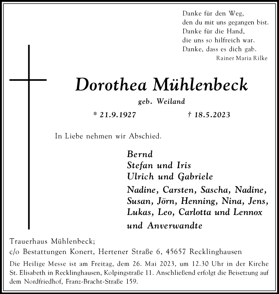  Traueranzeige für Dorothea Mühlenbeck vom 24.05.2023 aus Medienhaus Bauer