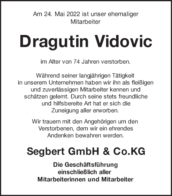 Traueranzeige von Dragutin Vidovic von Münstersche Zeitung und Münsterland Zeitung