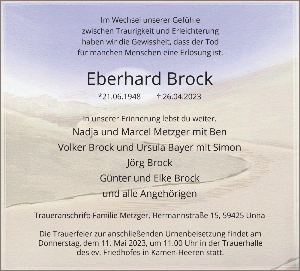  Traueranzeige für Eberhard Brock vom 03.05.2023 aus Hellweger Anzeiger