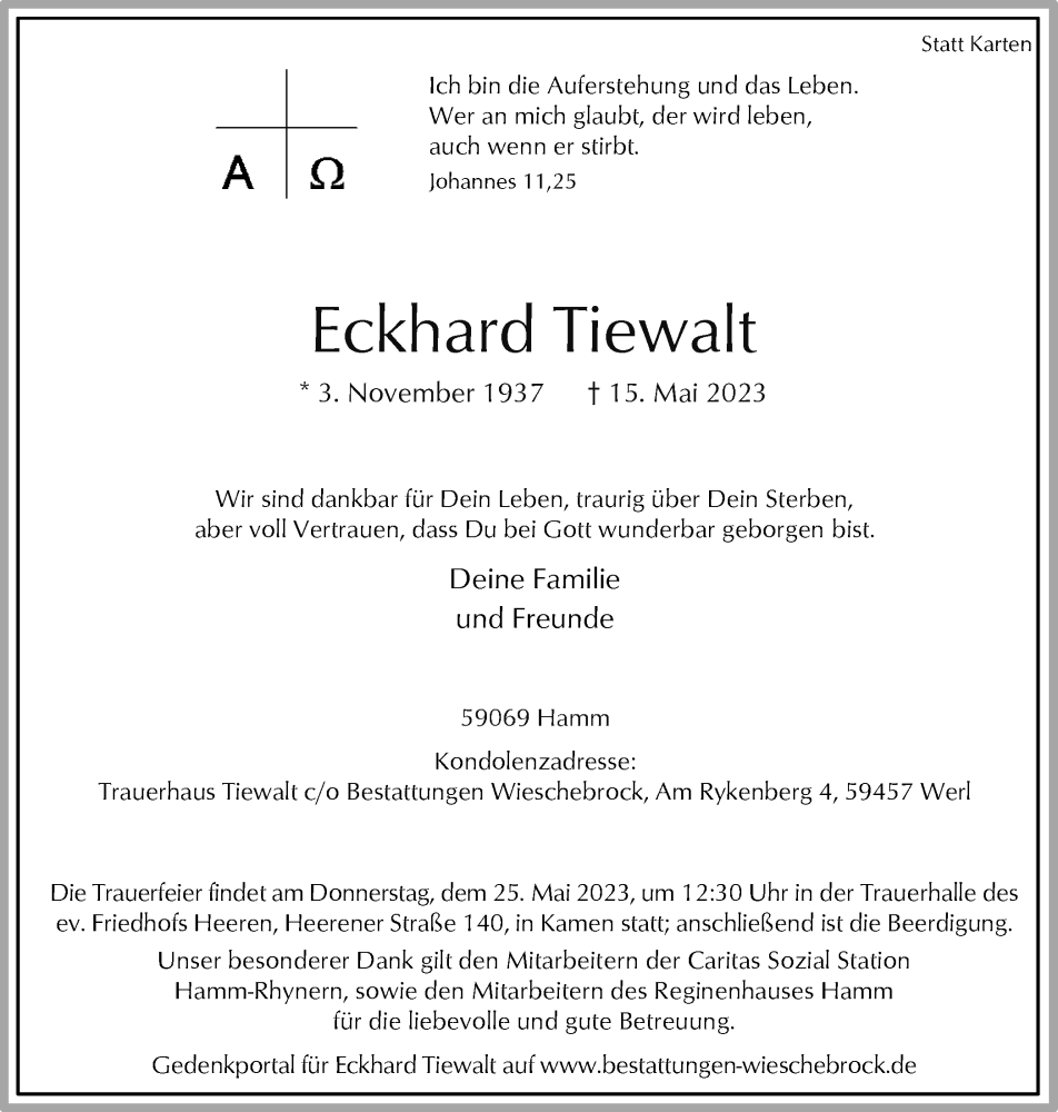  Traueranzeige für Eckhard Tiewalt vom 20.05.2023 aus Hellweger Anzeiger
