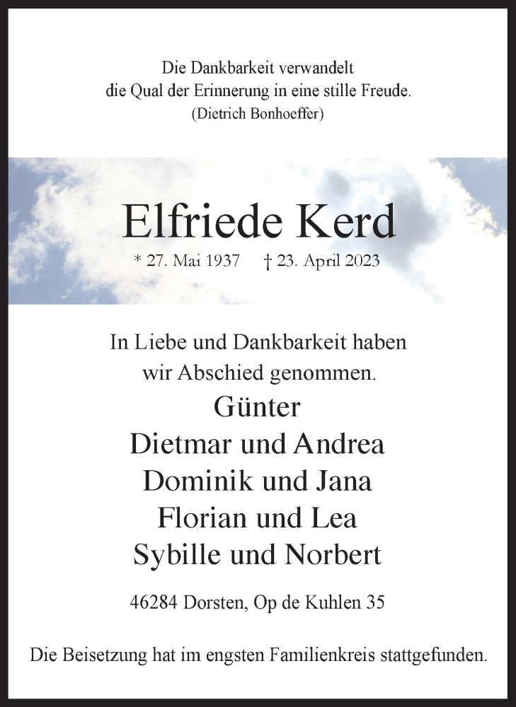  Traueranzeige für Elfriede Kerd vom 27.05.2023 aus Ruhr Nachrichten und Dorstener Zeitung