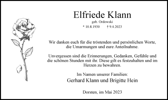Traueranzeige von Elfriede Klann von Ruhr Nachrichten und Dorstener Zeitung