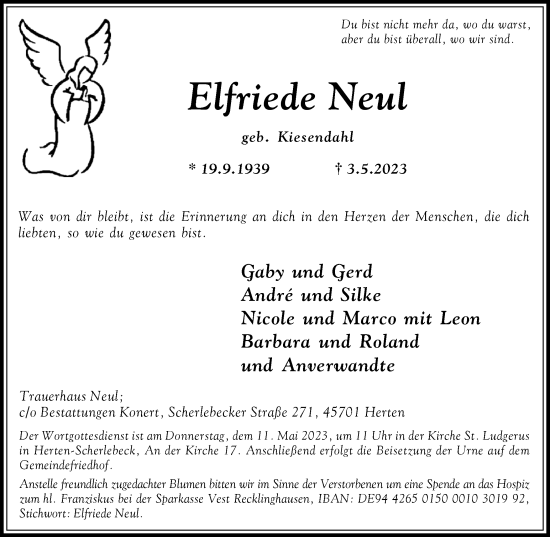 Traueranzeige von Elfriede Neul von Medienhaus Bauer