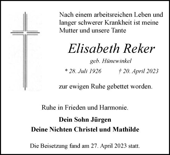 Traueranzeige von Elisabeth Reker von Medienhaus Bauer