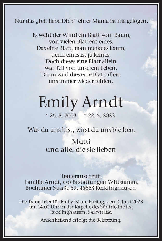 Traueranzeige für Emily Arndt vom 27.05.2023 aus Medienhaus Bauer