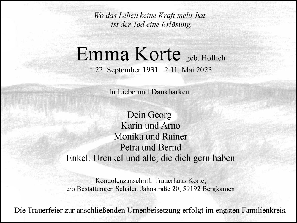  Traueranzeige für Emma Korte vom 20.05.2023 aus Hellweger Anzeiger