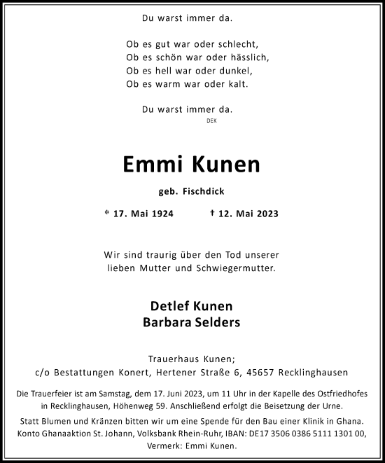 Traueranzeige von Emmi Kunen von Medienhaus Bauer
