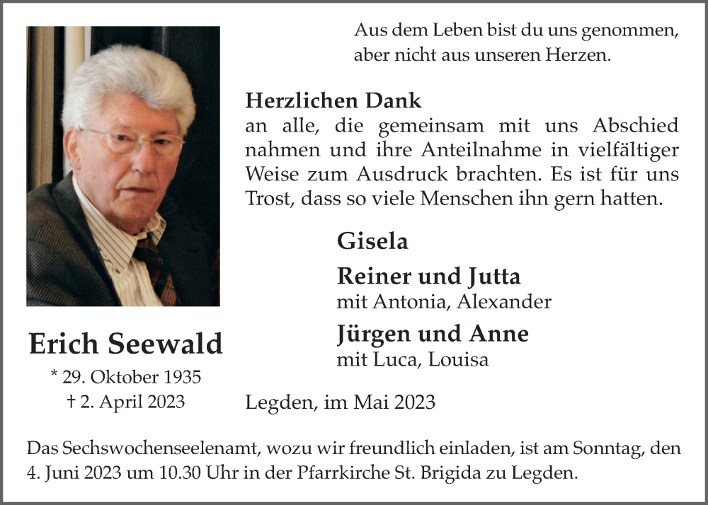  Traueranzeige für Erich Seewald vom 30.05.2023 aus Münstersche Zeitung und Münsterland Zeitung