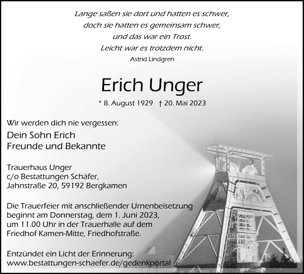  Traueranzeige für Erich Unger vom 27.05.2023 aus Hellweger Anzeiger