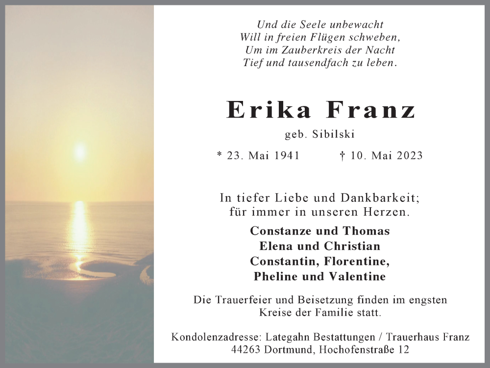  Traueranzeige für Erika Franz vom 13.05.2023 aus 