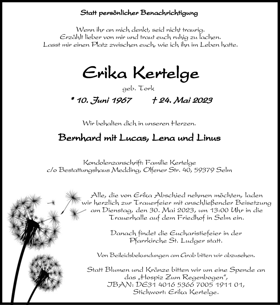  Traueranzeige für Erika Kertelge vom 27.05.2023 aus Ruhr Nachrichten