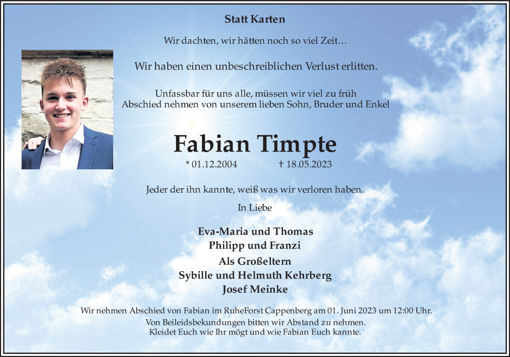  Traueranzeige für Fabian Timpte vom 24.05.2023 aus Ruhr Nachrichten
