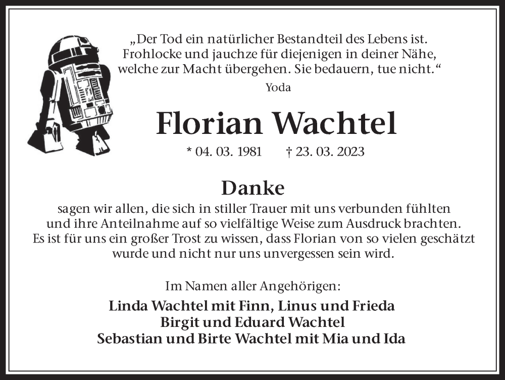  Traueranzeige für Florian Wachtel vom 13.05.2023 aus Medienhaus Bauer