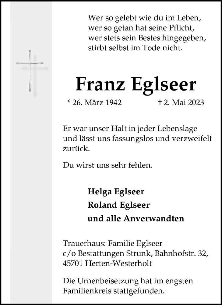  Traueranzeige für Franz Eglseer vom 24.05.2023 aus Medienhaus Bauer