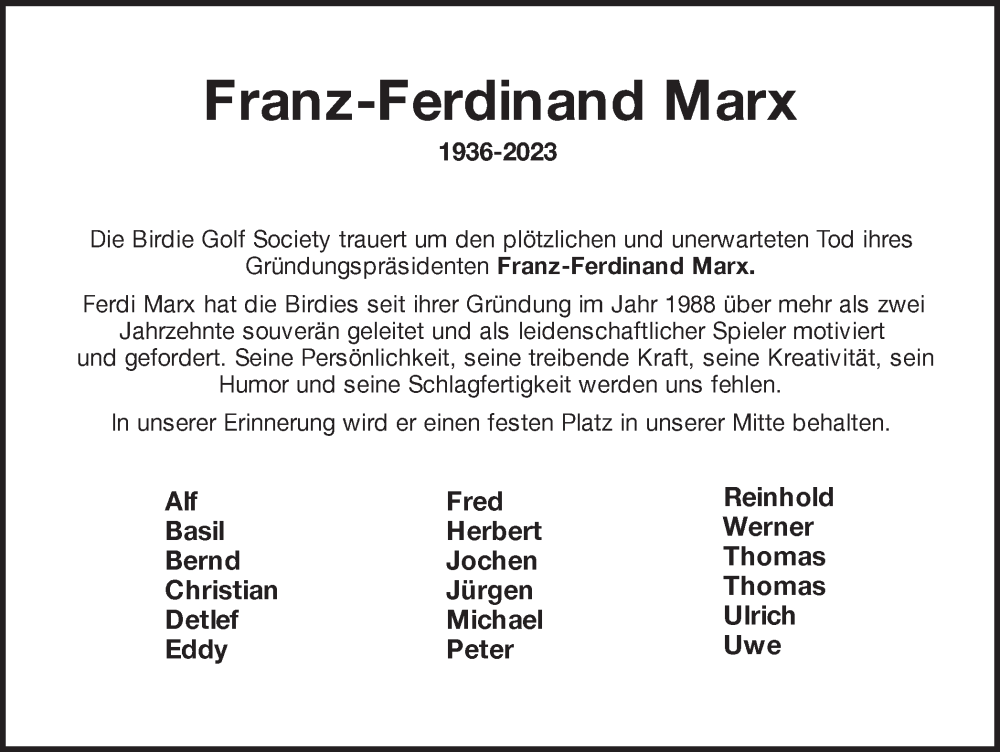  Traueranzeige für Franz-Ferdinand Marx vom 13.05.2023 aus 